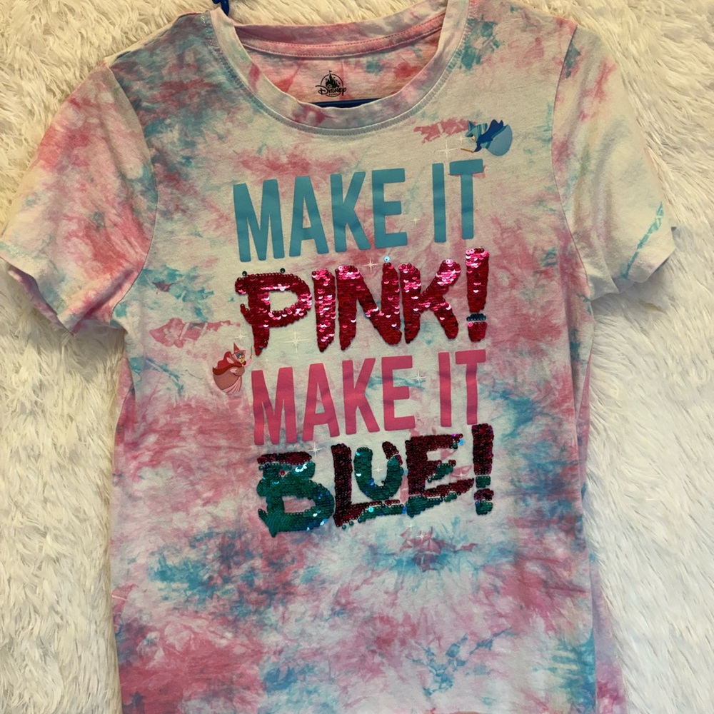 Disney Sleeping Beauty “Make It Pink Make It Blue” Sequin Tie Dye T-Shirt | M - Picture 12 of 16